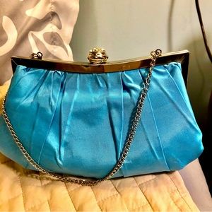 New vintage evening handbag or clutch teal with jewel closure 9x5 plus 14 chain